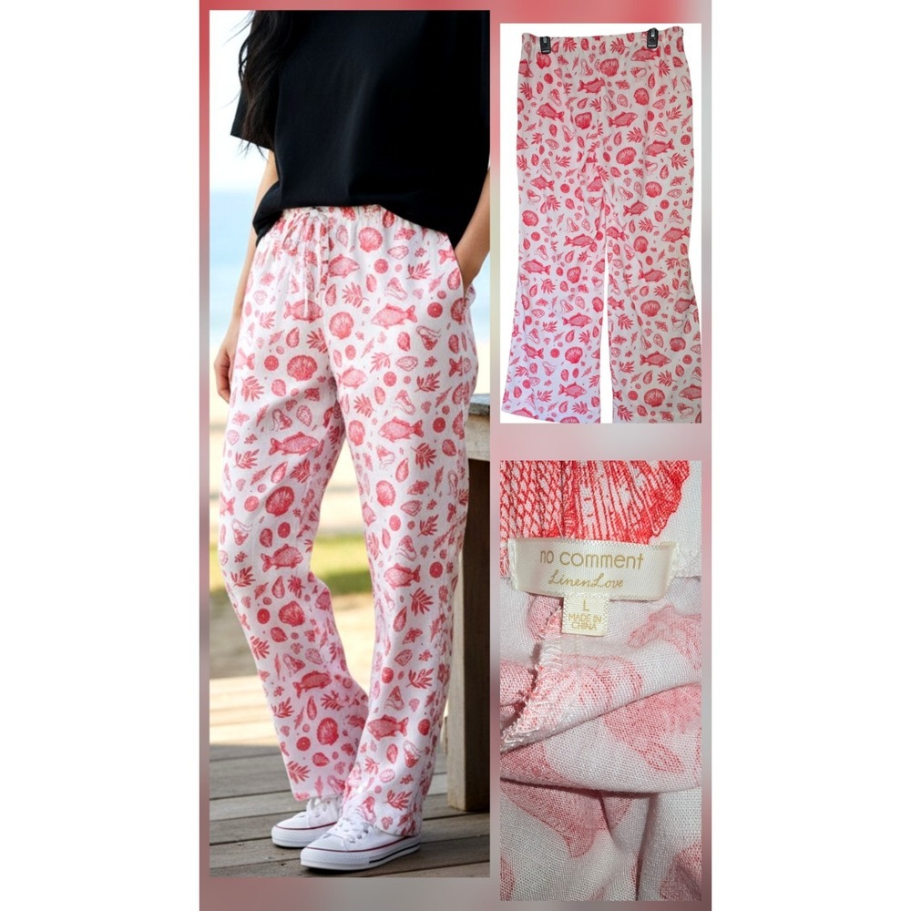 No Comment Pants Womens Size Large Lounge Vacation Wide Leg Pants Kio Fish Sea
